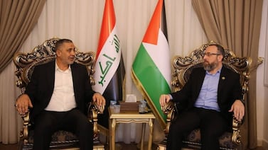 Hamas representative Mohammed Al Hafy, right, in Baghdad with Jawad Al Saiedi, secretary general of the Iran-backed Movement of Building and Jihad. Mr Al Hafy has attended events organised by Iran-linked political factions in Iraq. Photo: The Movement of Building and Jihad