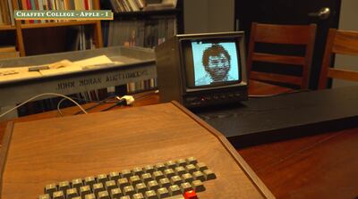 An etching of Apple co-founder Steve Wozniack is displayed following a command from the vintage Apple-1 computer. Photo: John Moran Auctioneers
