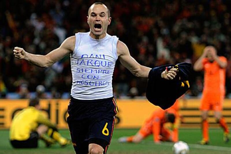 Andres Iniesta unveils his tribute after scoring for Spain during the World Cup final against Holland this summer.