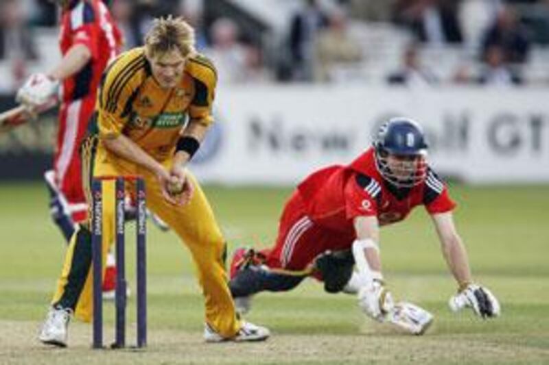 England's James Anderson (tight) avoids being run out by Australia's Nathan Bracken during the second one day match at Lords.