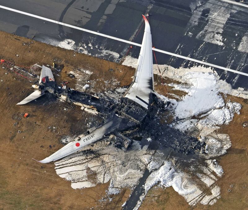 The burnt Japan Airlines Airbus A350 after a collision with a Japan Coast Guard plane at Haneda International Airport in Tokyo. Reuters