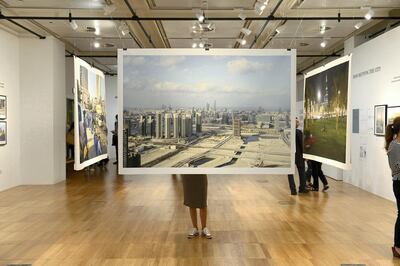 A photo of Reem Island in the Learning from Gulf Cities exhibition at NYUAD. Courtesy Michele Nastasi