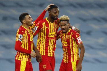 Semi Ajayi (c) of West Bromwich Albion celebrates scoring against Manchester City. EPA