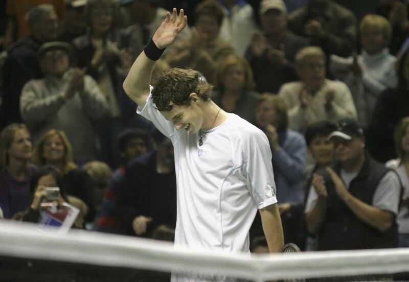 SAN JOSE, CA - FEBRUARY 19:   Andy Murray of Great Britain celebrates after winning his match against Lleyton Hewitt of Australia in the SAP Open at the HP Pavilion on February 19, 2006 in San Jose, California.  Murray, 18, is the youngest person to win the SAP Open since Michael Chang, at 16 years, in 1988..  (Photo by Sara Wolfram)