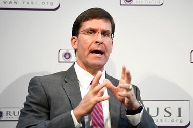 epa07821849 US Secretary of Defence, Dr Mark T. Esper speaks at the Royal United Services Institute (RUSI) in London, Britain, 06 September 2019. Dr Esper speech addressed a number of key international defence and security challenges, including the importance of the critical transatlantic relationship between the two countries. EPA/FACUNDO ARRIZABALAGA