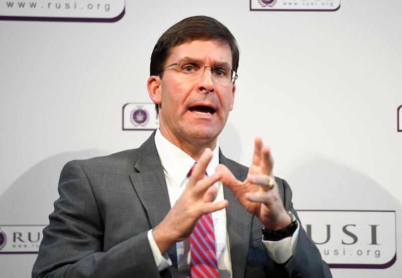 epa07821849 US Secretary of Defence, Dr Mark T. Esper speaks at the Royal United Services Institute (RUSI) in London, Britain, 06 September 2019. Dr Esper speech addressed a number of key international defence and security challenges, including the importance of the critical transatlantic relationship between the two countries.  EPA/FACUNDO ARRIZABALAGA