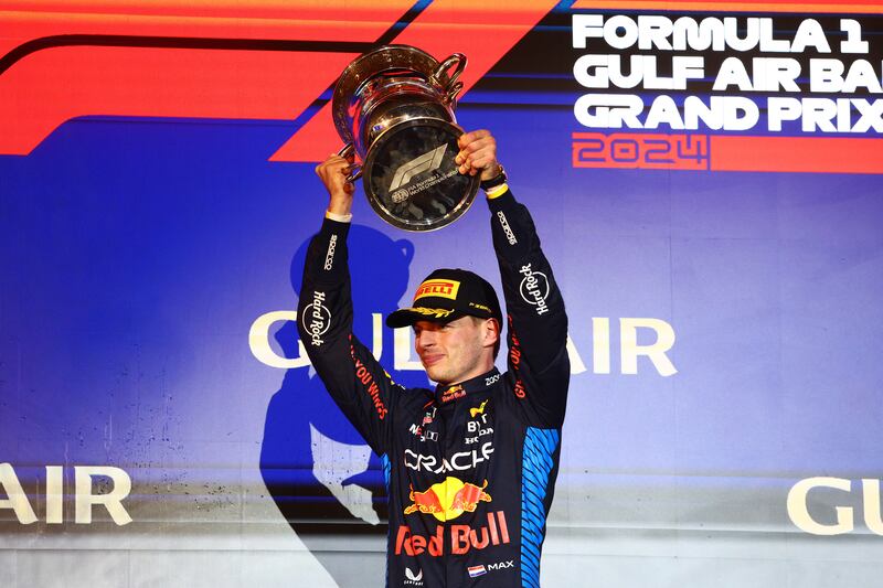 Race winner Max Verstappen of the Netherlands and Red Bull Racing celebrates on the podium after winning the Bahrain Grand Prix at Bahrain International Circuit on March 2, 2024. Getty Images