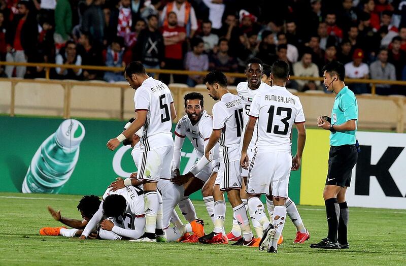 UAE's Al-Jazeera club players celebrate a goal during their AFC Champions League football match Persopolis vs Al-Jazira at the Azadi Stadium in Tehran on May 14, 2018. Persopolis won 2-1. / AFP / ATTA KENARE
