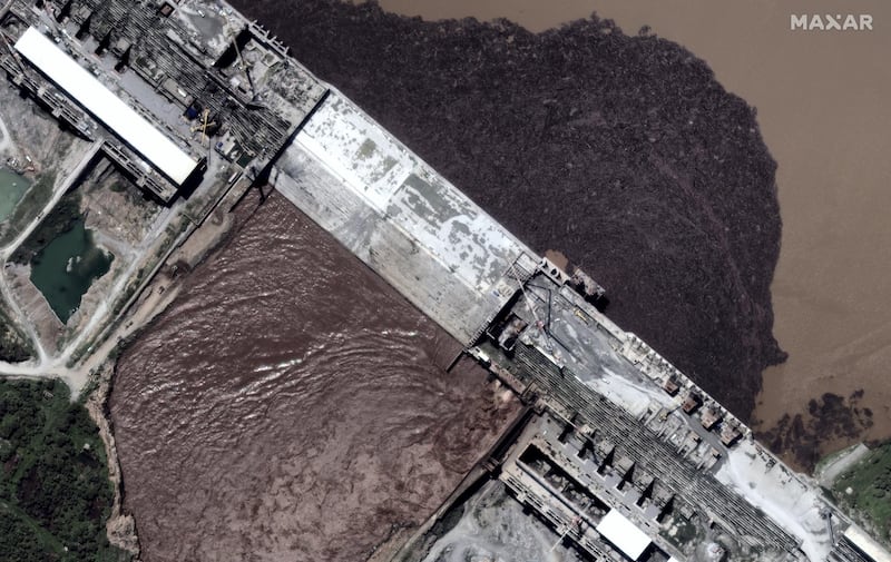A handout satellite image shows a closeup view of the Grand Ethiopian Renaissance Dam (GERD) and the Blue Nile River in Ethiopia July 12, 2020. Satellite image ©2020 Maxar Technologies via REUTERS ATTENTION EDITORS - THIS IMAGE HAS BEEN SUPPLIED BY A THIRD PARTY. MANDATORY CREDIT. NO RESALES. NO ARCHIVES. MUST NOT OBSCURE WATERMARK