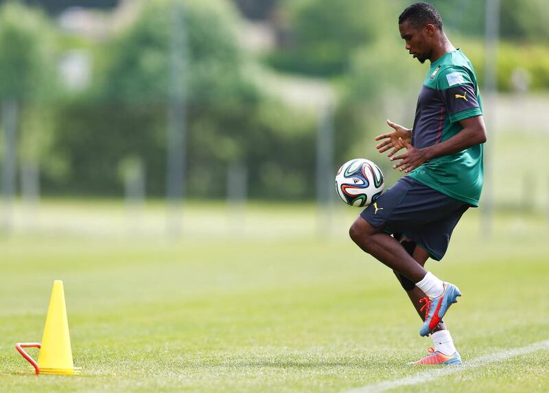 Cameroon's Samuel Eto'o kicks the ball during a training session in the Austrian village of Walchsee May 23, 2014. Cameroon's national soccer team gathered for a training camp in Walchsee in preparation for the 2014 World Cup in Brazil. Dominic Ebenbichler / Reuters