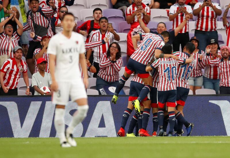 Guadalajara's Angel Zaldivar celebrates scoring their first goal. Reuters