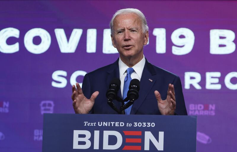 WILMINGTON, DELAWARE - SEPTEMBER 02: Democratic presidential nominee Joe Biden speaks on the coronavirus pandemic during a campaign event September 2, 2020 in Wilmington, Delaware. Biden spoke on safely reopening schools during the coronavirus pandemic.   Alex Wong/Getty Images/AFP
== FOR NEWSPAPERS, INTERNET, TELCOS & TELEVISION USE ONLY ==
