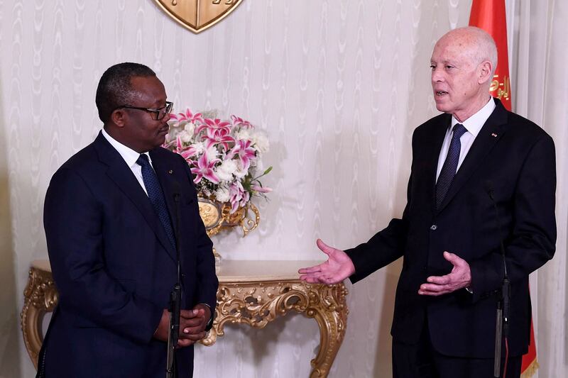 Tunisian President Kais Saied with President of Guinea Bissau Umaro Sissoco Embalo at the Carthage Palace in Tunis. AFP