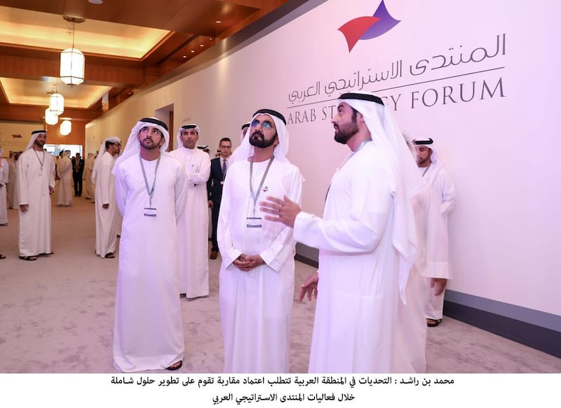 Sheikh Mohammed bin Rashid, Vice President and Ruler of Dubai, and Sheikh Hamdan bin Mohammed, Crown Prince of Dubai, attend the Arab Strategy Forum last year. This year's forum will be held on December 12. Wam