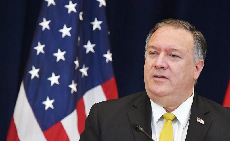 US Secretary of State Michael Pompeo speaks during a press conference with Iraq's Foreign Minister Fuad Hussein at the State Department in Washington, DC on August 19, 2020.  / AFP / MANDEL NGAN
