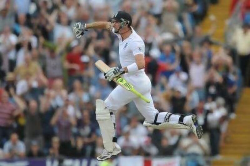 England's Kevin Pietersen celebrates his 100 against South Africa, during the Investec second Test match at Headingley Carnegie, in Leeds, England.