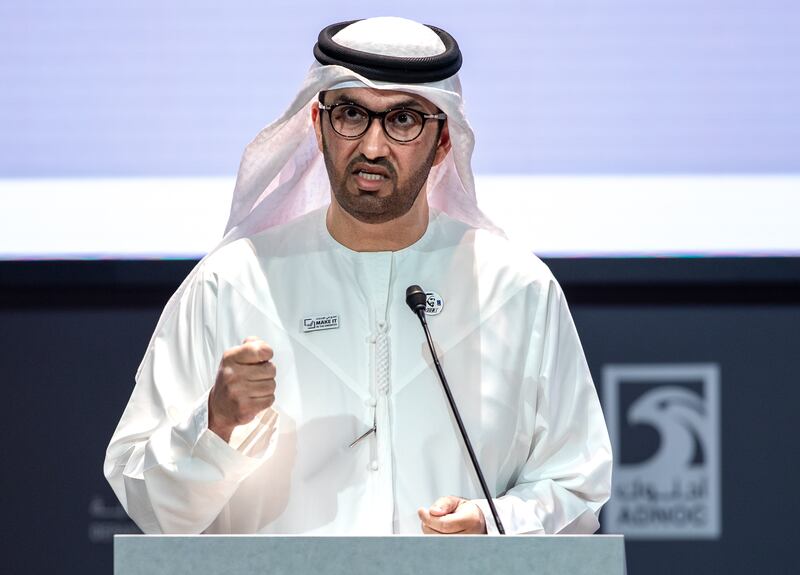 Dr Sultan Al Jaber, Minister of Industry and Advanced Technology, and managing director and group chief executive of Adnoc, addresses delegates. 