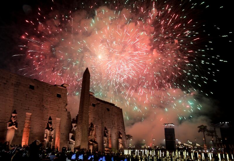 Fireworks explode during the opening ceremony for the restored Avenue of the Sphinxes, or Road of the Rams, a 3,000-year-old path that connects Luxor Temple with Karnak Temple, on November 25, 2021. Reuters