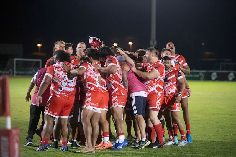 The Dubai Tigers celebrating their win against the Dubai Exiles.