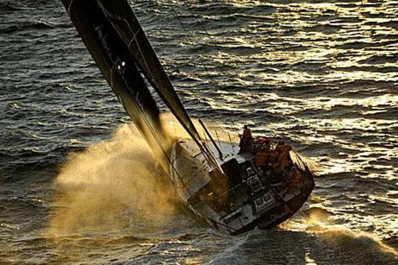 Azzam, Abu Dhabi Ocean Racing's yacht, at the start of the Volvo Ocean Race in Alicante, Spain. The crew has returned to the Spanish port five hours into the nine-month race with a broken mast.