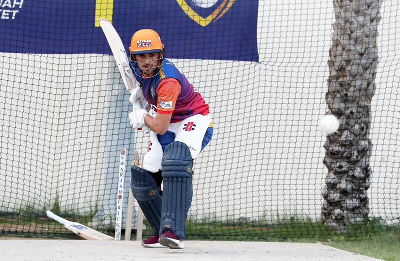 Masood Gurbazin watches the ball in the nets at Sharjah Cricket Academy.