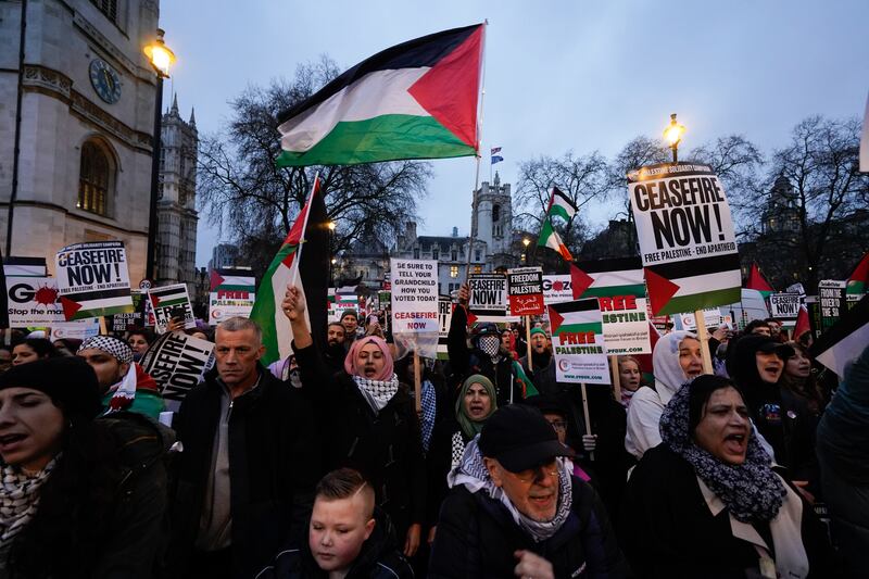 People take part in a Palestine Solidarity Campaign rally outside the Houses of Parliament, London. PA