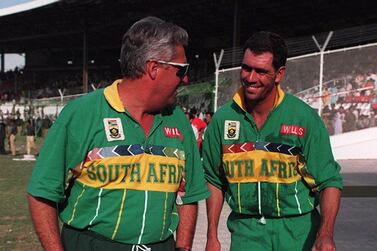 South Africa coach Bob Woolmer (left) congratulates captain Hansie Cronje (right) on beating Pakistan (Photo by Chris Turvey/EMPICS via Getty Images)