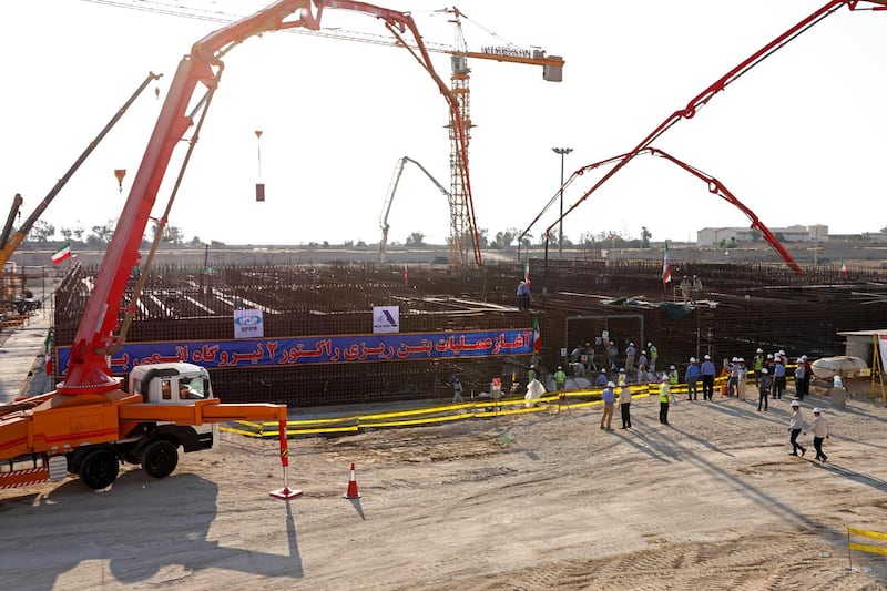 Concrete is poured for the base of the second nuclear power reactor at Bushehr plant in 2019. Atomic Energy Organization of Iran via AP