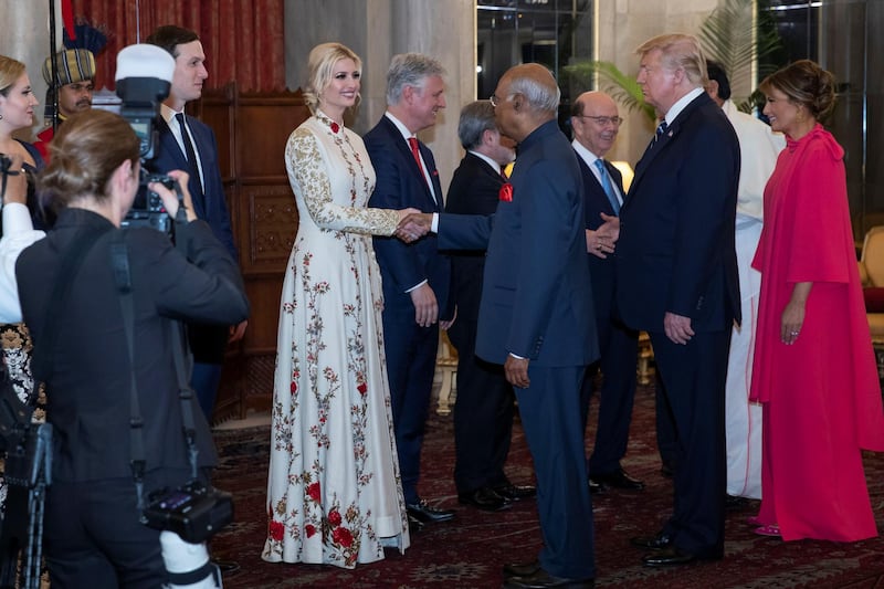 Ivanka Trump in an embroidered and flowing anarkali suit with a bandhgala collar is a design by New Delhi-designer Rohit Bal. Reuters