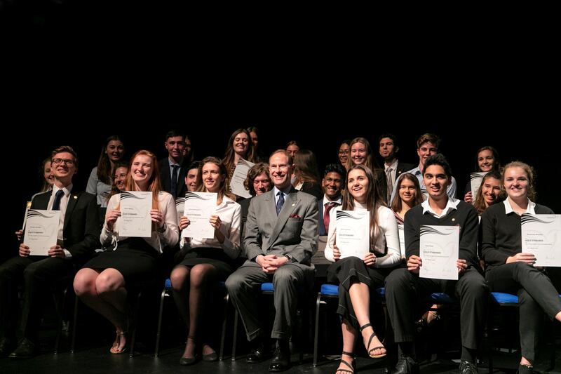 DUBAI, UNITED ARAB EMIRATES - March 23 2019.

His Royal Highness The Prince Edward, Earl of Wessex; Chair of The Duke of Edinburgh’s International Award Foundation with students at UAE Gold Award Ceremony.

The Duke of Edinburgh’s International Award held its first ever UAE Gold Award Ceremony. Hosted by GEMS Wellington International School, 29 young people from eight schools were recognised and presented with the top international honour, receiving their Gold Award from His Royal Highness The Prince Edward, Earl of Wessex; Chair of The Duke of Edinburgh’s International Award Foundation.

 (Photo by Reem Mohammed/The National)

Reporter: 
Section:  NA