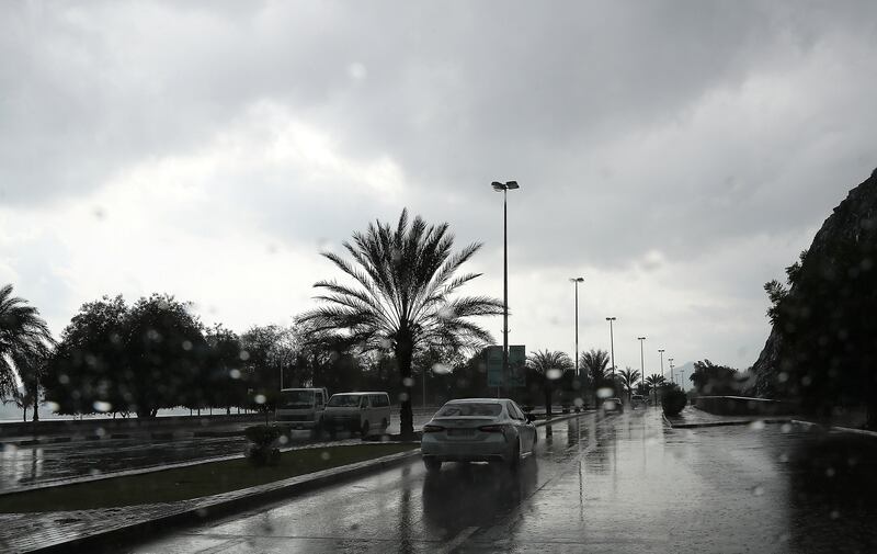 SHARJAH, UNITED ARAB EMIRATES , Dec 17 – 2019 :- Traffic during the rain in Khor Fakkan city in Sharjah. ( Pawan Singh / The National )  For News/Standalone/Online/Instagram