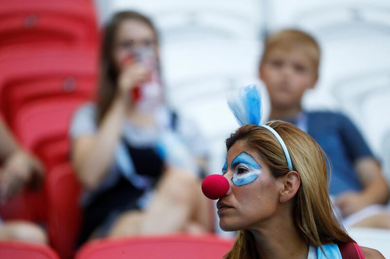 An Argentina fan in the stadium before the France vs Argentina match at Kazan Arena, in Kazan, Russia, on June 30, 2018. Michael Dalder / Reuters