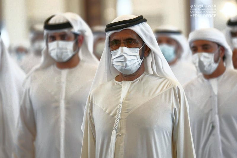  Sheikh Mohammed bin Rashid, Hamdan bin Mohammed and  
Maktoum Bin Mohammed perform funeral prayers for the late Sheikh Hamdan bin Rashid Al Maktoum, joined by several Sheikhs of the Al Maktoum family at Zabeel Mosque. Dubai Media Office