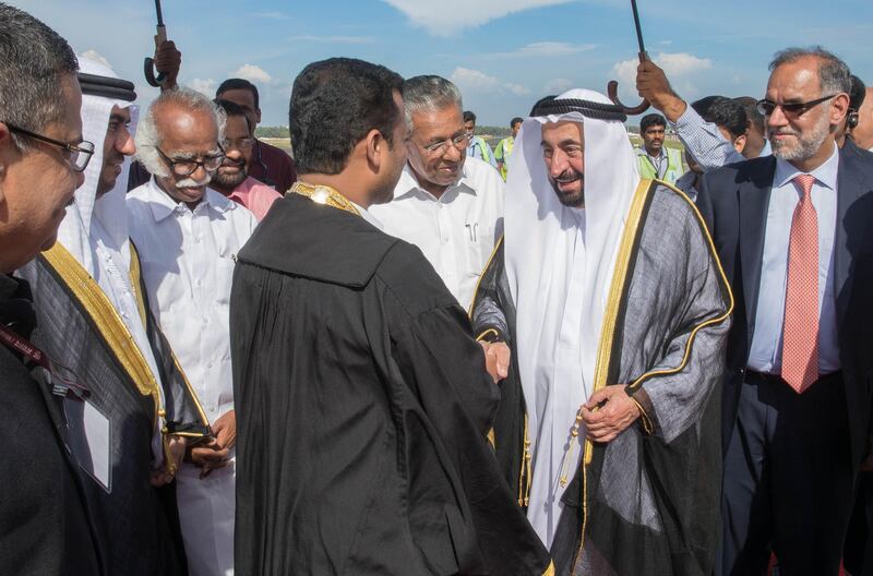 Dr Sheikh Sultan is greeted by Pinarayi Vijayan, chief minister of Kerala; Navdeep Singh Suri, Ambassador of India to the UAE; and a number of diplomats, academics and businessmen at Trivandrum International Airport on Monday. Wam