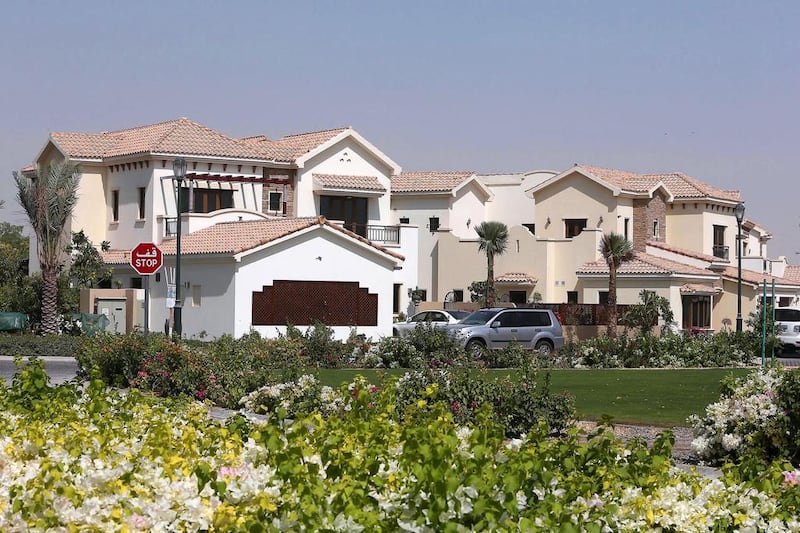 Villas at the Lime Tree Valley in Jumeirah Golf Estates in Dubai. Mainstream residential prices fell by 12.2 per cent in the year to June. Pawan Singh / The National