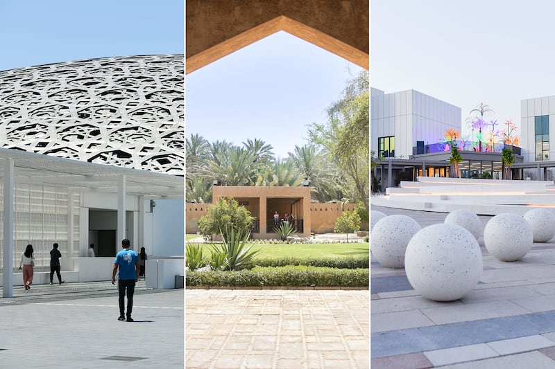 Louvre Abu Dhabi, Al Ain Palace Museum and Jameel Arts Centre. Photo: Khushnum Bhandari and Reem Mohammed / The National; Dubai Media Office
