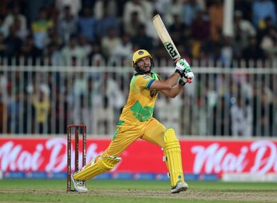 Sharjah, United Arab Emirates - December 02, 2018: Pakhtoons Shahid Afridi bats during the game between between Pakhtoons and Northern Warriors in the T10 final. Sunday the 2nd of December 2018 at Sharjah cricket stadium, Sharjah. Chris Whiteoak / The National