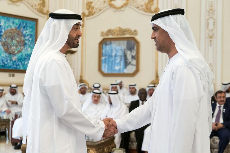 ABU DHABI, UNITED ARAB EMIRATES - October 07, 2019: HH Sheikh Mohamed bin Zayed Al Nahyan, Crown Prince of Abu Dhabi and Deputy Supreme Commander of the UAE Armed Forces (L), receives a participant in the Qudwa Forum (R), during a Sea Palace barza. 


( Rashed Al Mansoori / Ministry of Presidential Affairs )
---