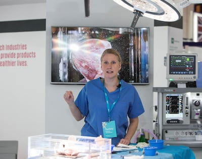 DUBAI, UNITED ARAB EMIRATES - Dr. Sabine Ernst of Royal Brompton and Harefield NHS Foundation Trust giving a demo at the Arab Health, Dubai World Trade Centre. Leslie Pableo for The National