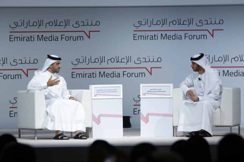 Dubai, UAE - November 6, 2017 - Sheikh Sultan Bin Ahmed Al Qasimi, Chairman of Sharjah Media Council speaks about integrated media at the Emirates Media Forum in Dubai  - Navin Khianey for The National