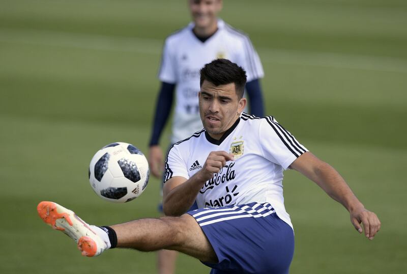 Argentina defender Marcos Acuna takes part in a training session. Juan Mabromata / AFP