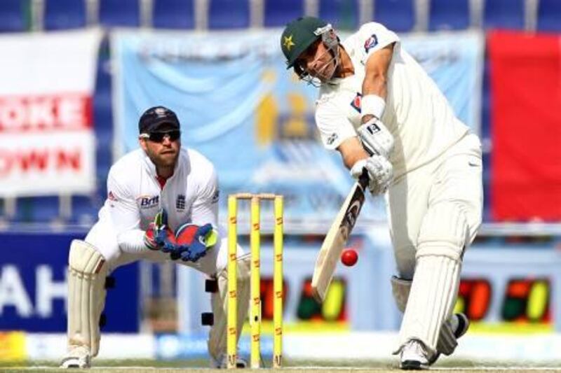 Abu Dhabi,  United Arab Emirates- January,  25, 2012:  Pakistan captain Misbah Ul Haq  plays a shot during the first day of the second Test match between Pakistan and England at the Sheikh Zayed Stadium in Abu Dhabi. (  Satish Kumar / The National ) For Sports