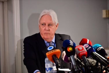 UN special envoy Martin Griffiths speaks to reporters during the Yemen peace talks in Stockholm in December in 2018. AFP