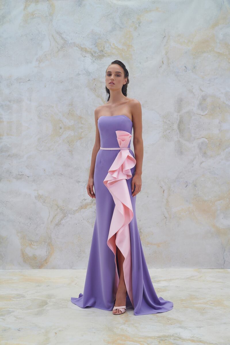 A lavender gown with contrasting pink ruffle by Rami Al Ali for spring/summer 2023. Photo: Rami Al Ali
