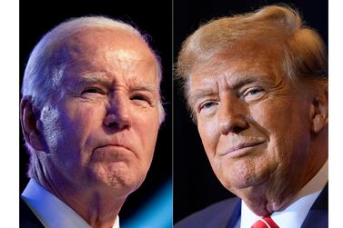 FILE - This combo image shows President Joe Biden, left, Jan.  5, 2024, and Republican presidential candidate former President Donald Trump, right, Jan.  19, 2024.  (AP Photo, File)