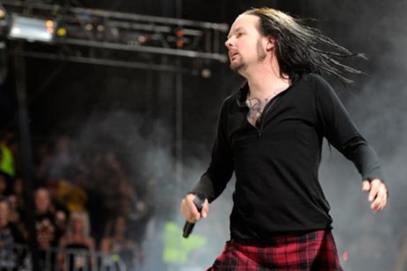 Jonathan Davis of Korn fluctuates between vocal styles on the band’s new album The Path of Totality. Ethan Miller / Getty Images / AFP