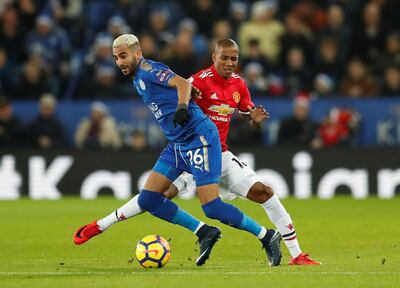 Soccer Football - Premier League - Leicester City vs Manchester United - King Power Stadium, Leicester, Britain - December 23, 2017   Leicester City's Riyad Mahrez in action with Manchester United's Ashley Young   Action Images via Reuters/Andrew Boyers    EDITORIAL USE ONLY. No use with unauthorized audio, video, data, fixture lists, club/league logos or "live" services. Online in-match use limited to 75 images, no video emulation. No use in betting, games or single club/league/player publications.  Please contact your account representative for further details.