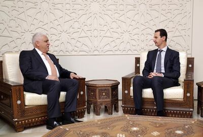 epa07252845 A handout photo made available by Syria's Arab News Agency (SANA) showing Syrian President Bashar al-Assad (R) meeting with Iraqi National Security Adviser Faleh al-Fayad (L) in Damascus, Syria, 29 December 2018. According to SANA, Fayad conveyed a message to President al-Assad from Iraqi Prime Minister Adel Abdul-Mahdi that concentrated on the developments of relations between the two countries and the necessity of continuing coordination between them on all levels, particularly in regards to combating terrorism, especially along borders between the two states.  EPA/SANA HANDOUT  HANDOUT EDITORIAL USE ONLY/NO SALES