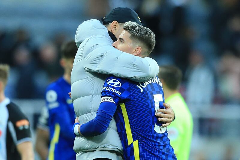 Chelsea coach Thomas Tuchel with Italian midfielder Jorginho at the final whistle. AFP