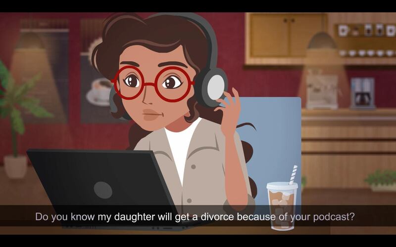 A still from the Arabic animated series ‘B100Ragl’ follows the story of Noha, a journalist frustrated about being stereotyped by her boss    